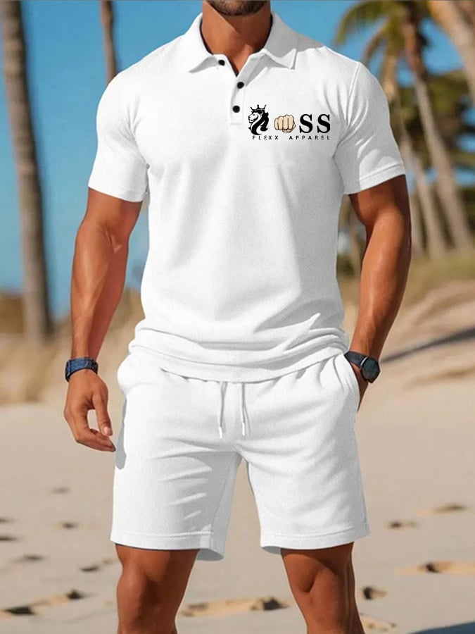 Men's Retro Letter Design Casual Business Short Sleeve Polo Shirt Suit