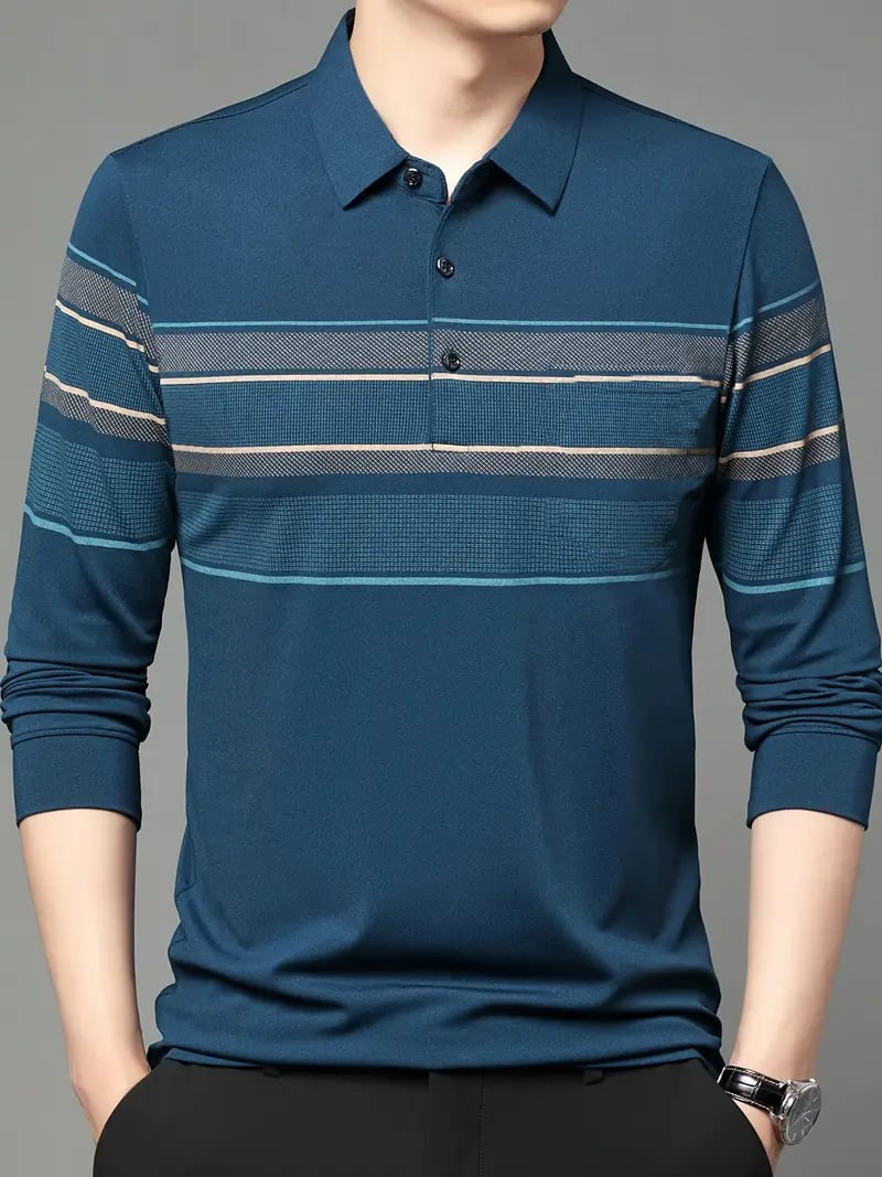 Men's Business Casual Striped Long-Sleeved Polo Shirt