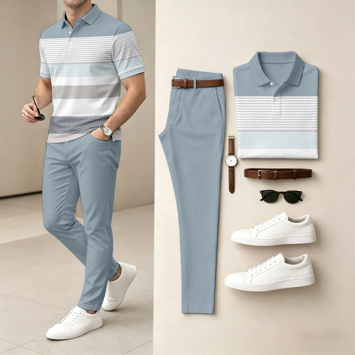 Men's Casual Color-Blocked Stripes Printed Polo Shirt And Pants Two-Piece Set