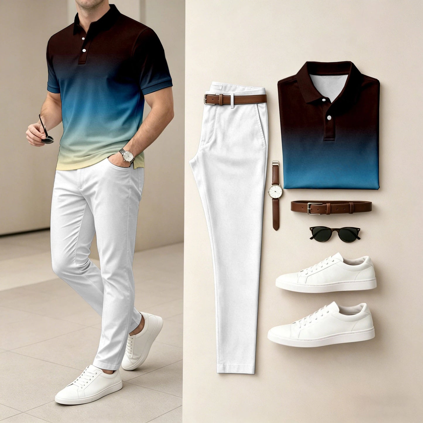 Men's Ombré Color Short-Sleeve Polo Shirt and Pants Two-Piece Set