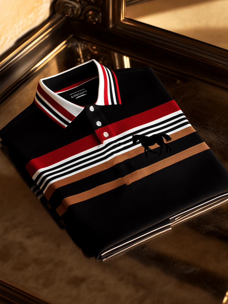 Men's Retro Business Stripe Print Long Sleeve Polo Shirt