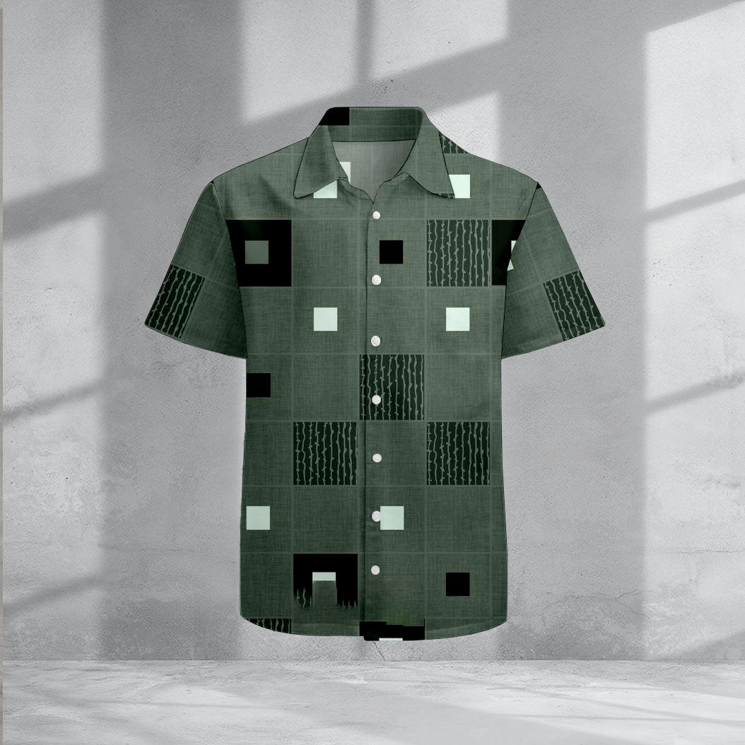 Men's Casual Lapel Dark Green Geometric Printed Short Sleeve Shirts