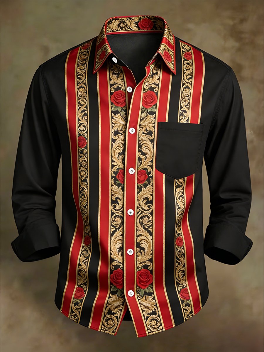 Men's Retro Business Casual Baroque Rose Striped Long-Sleeved Shirt