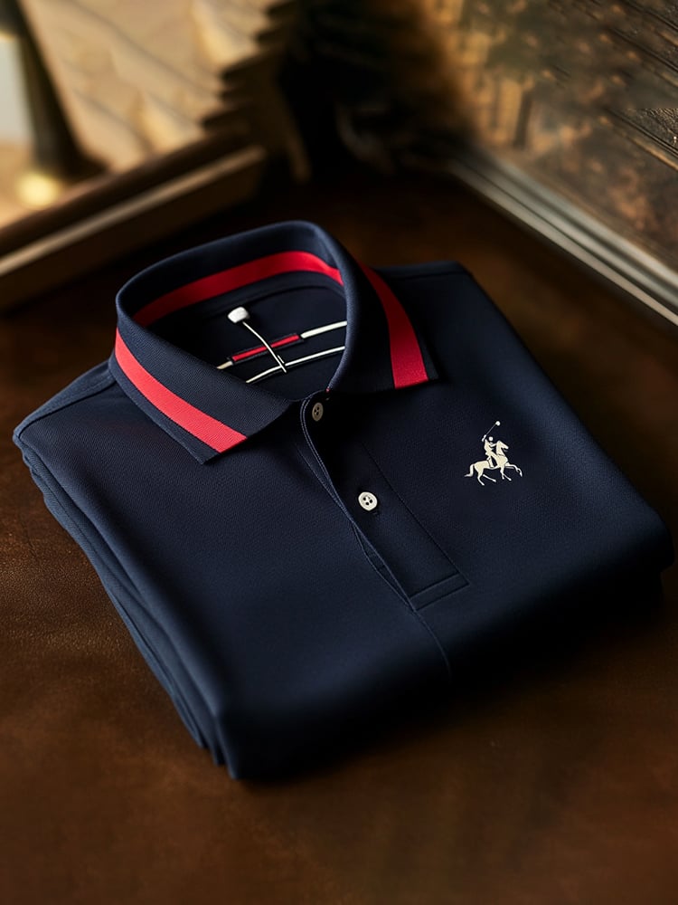 Men's Classic Business Check Logo Button Short Sleeve Polo Shirt