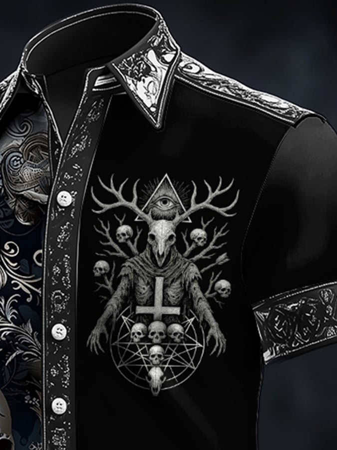 Men's Casual Dark Skull Demon Art Satin Shirt