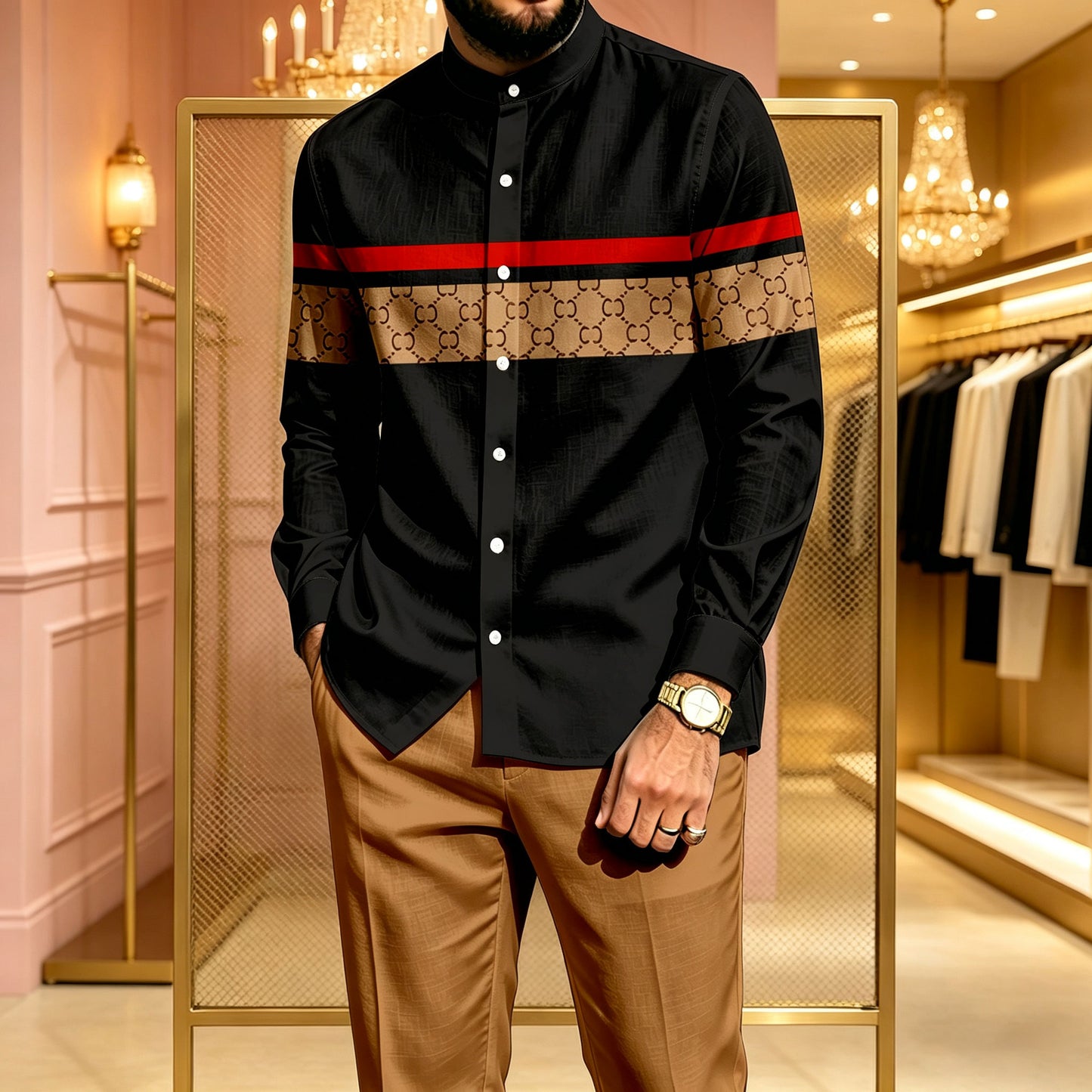 Men's Casual Two-Piece Set: Long-Sleeve Shirt with Printed Stand-Up Collar and Chest Strap, and Pants