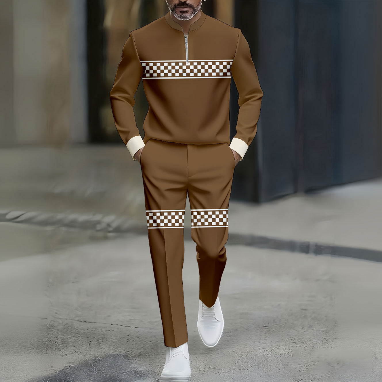 Men's Casual Coffee & White Color Matching Checked Printed Round-Neck Zipper Long Sleeved Trousers Two-Piece Set