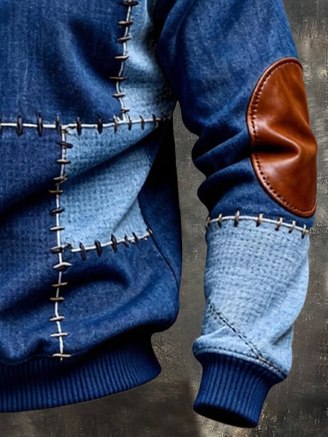 Men's Vintage Color-Block Printed Zip-Up Hoodie