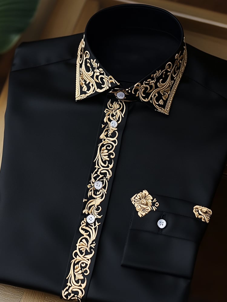 Men's Business Black Luxury Gold Floral Long Sleeve Shirt