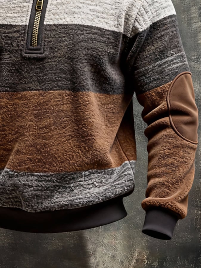 Men's Retro Color Block Print Color-Blocked Zip-Up Sweatshirt