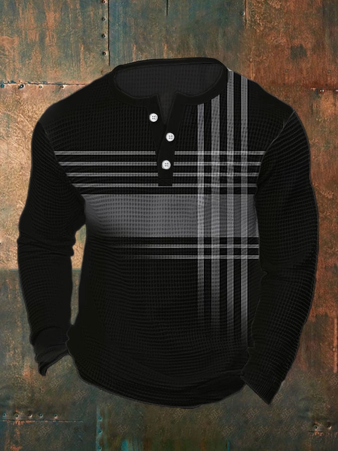 Men's Vintage Casual Henley Waffle Long Sleeve Polo Shirt