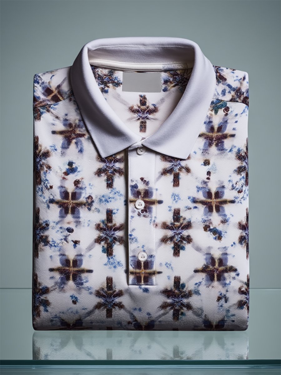 Men's Business Casual Cross Faith Art Button Short Sleeve Polo Shirt
