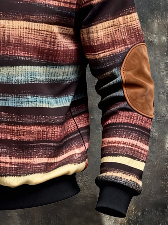 Men's Retro Color Block Print Zipper Sweatshirt