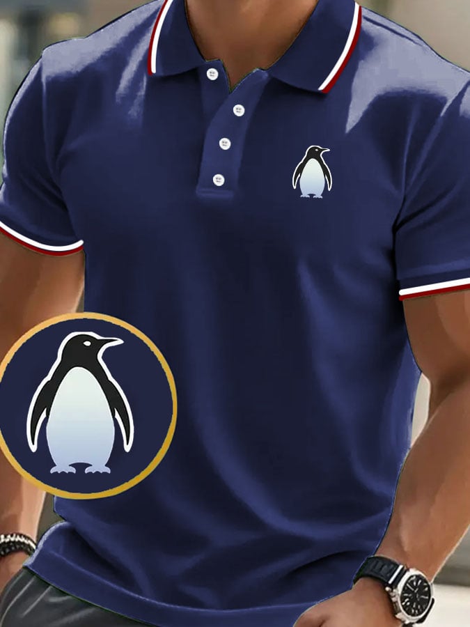 Men's classic casual polo shirt with penguin print