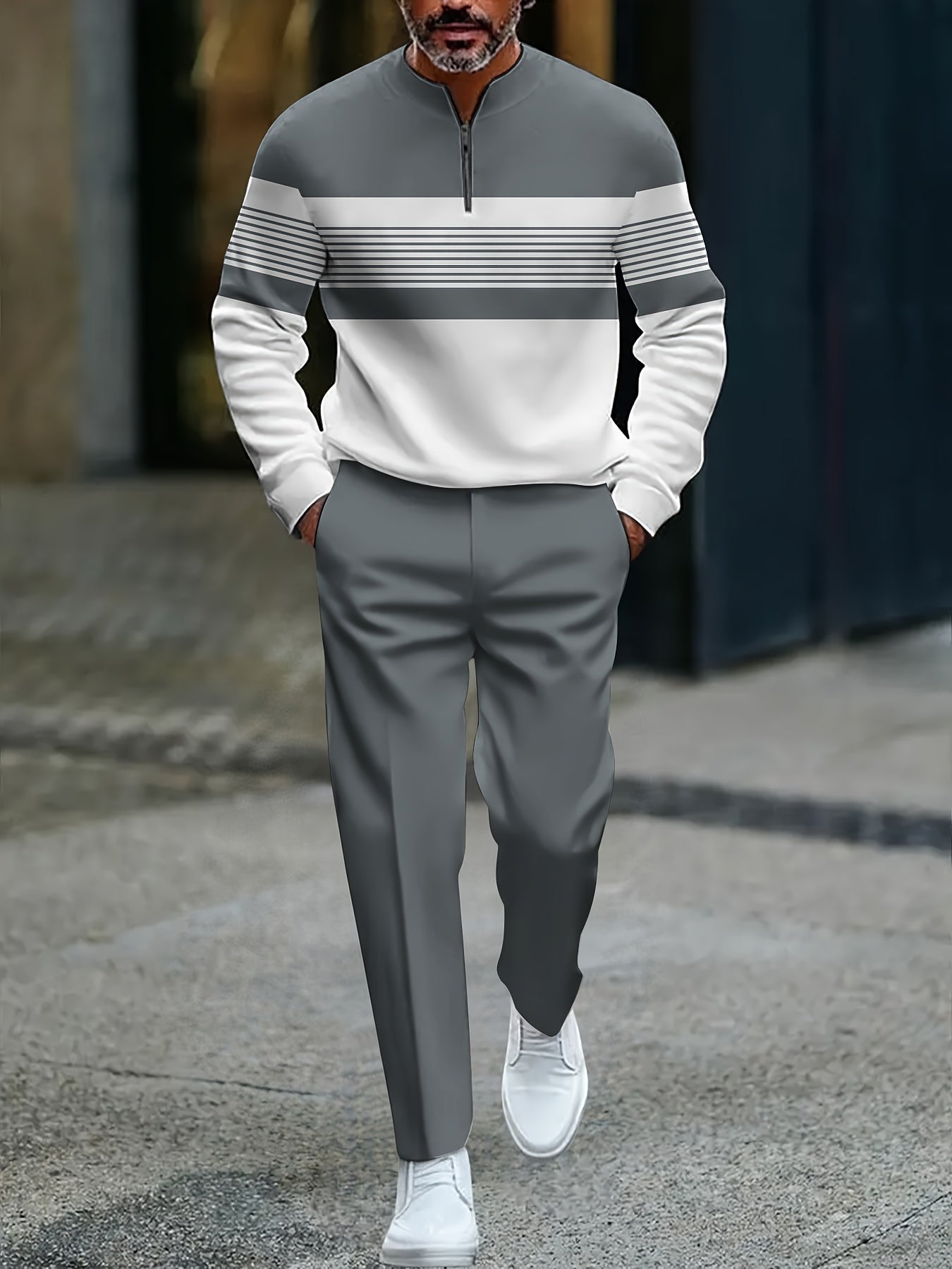 Men's Casual Color Matching Printed Round-Neck Zipper Long Sleeved Trousers Two-Piece Set 1218