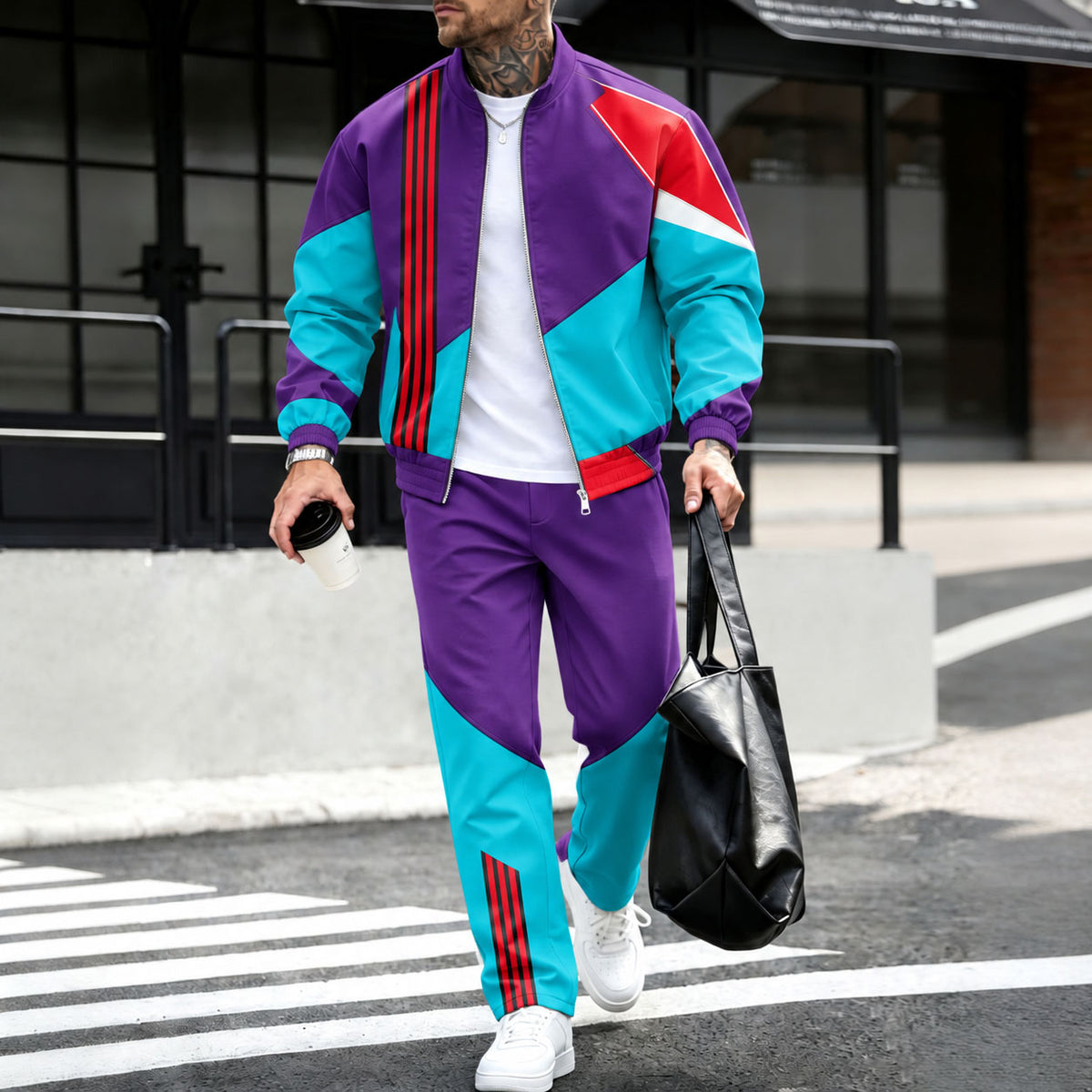 Men's Multi-Color Block-Print Fleece-Lined Jacket and Pants Two-Piece Set