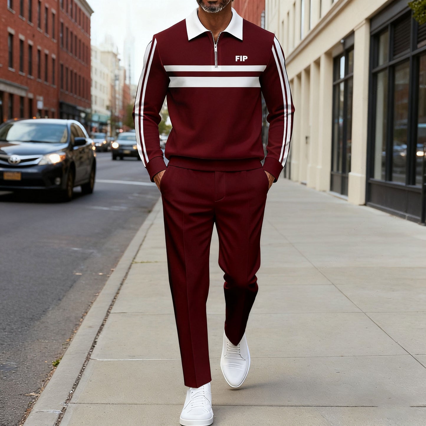 Men's Casual Maroon & White Color Matching Geometric Printed Polo-Collar Zipper Long Sleeved Trousers Two-Piece Set