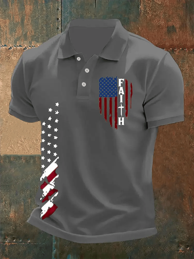 Men's Faith Cross America Flag Printed Short Sleeve POLO T-shirt