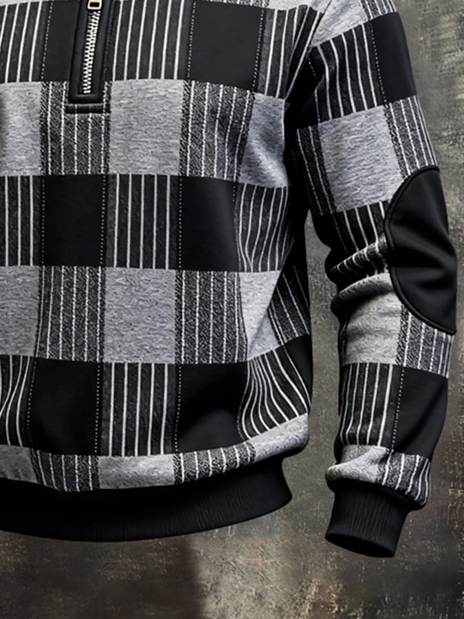Men's Retro Color Block Print Color-Blocked Zip-Up Sweatshirt