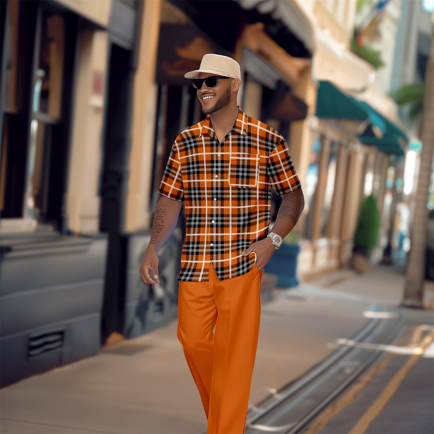 Men's Retro Plaid Colorblock Short Sleeve Shirt Walking Suit 1651