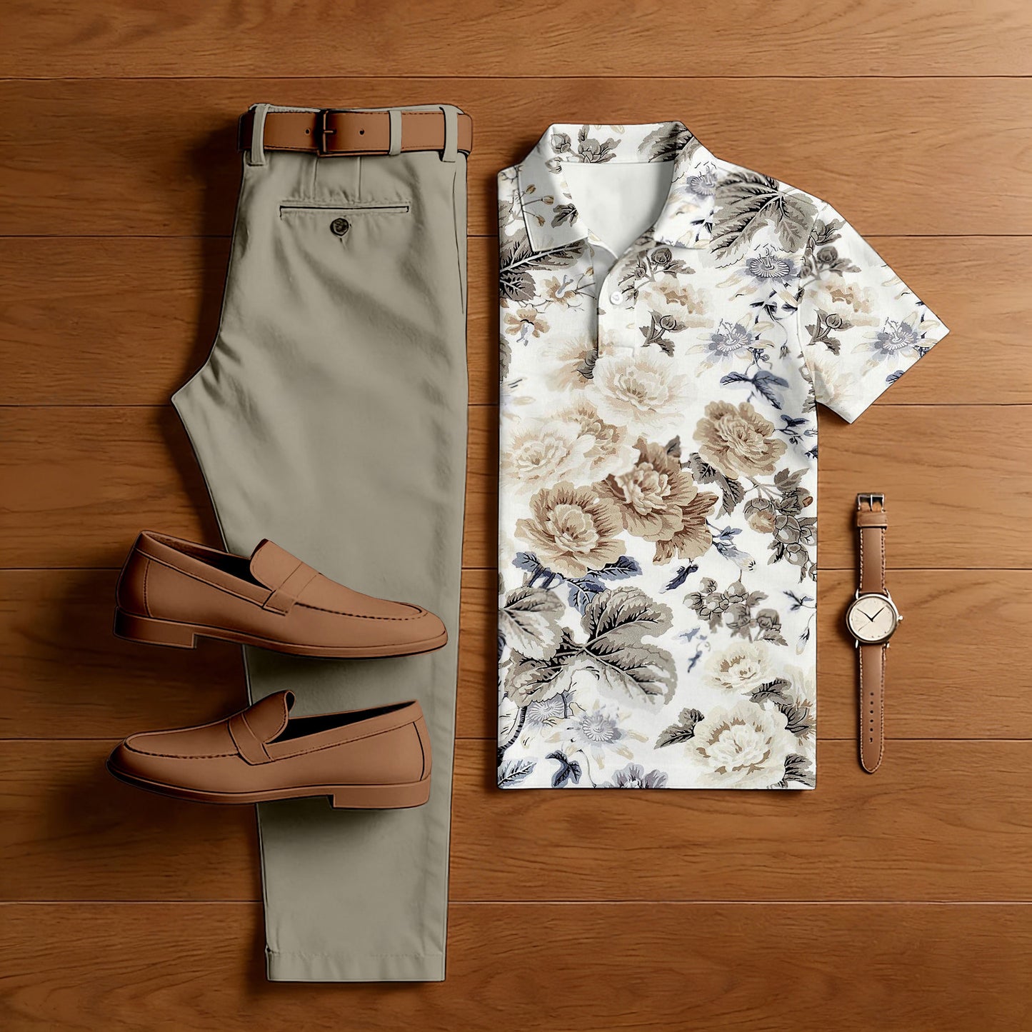 Men's Casual White Roses Printed Polo Shirt And Pants Two-Piece Set