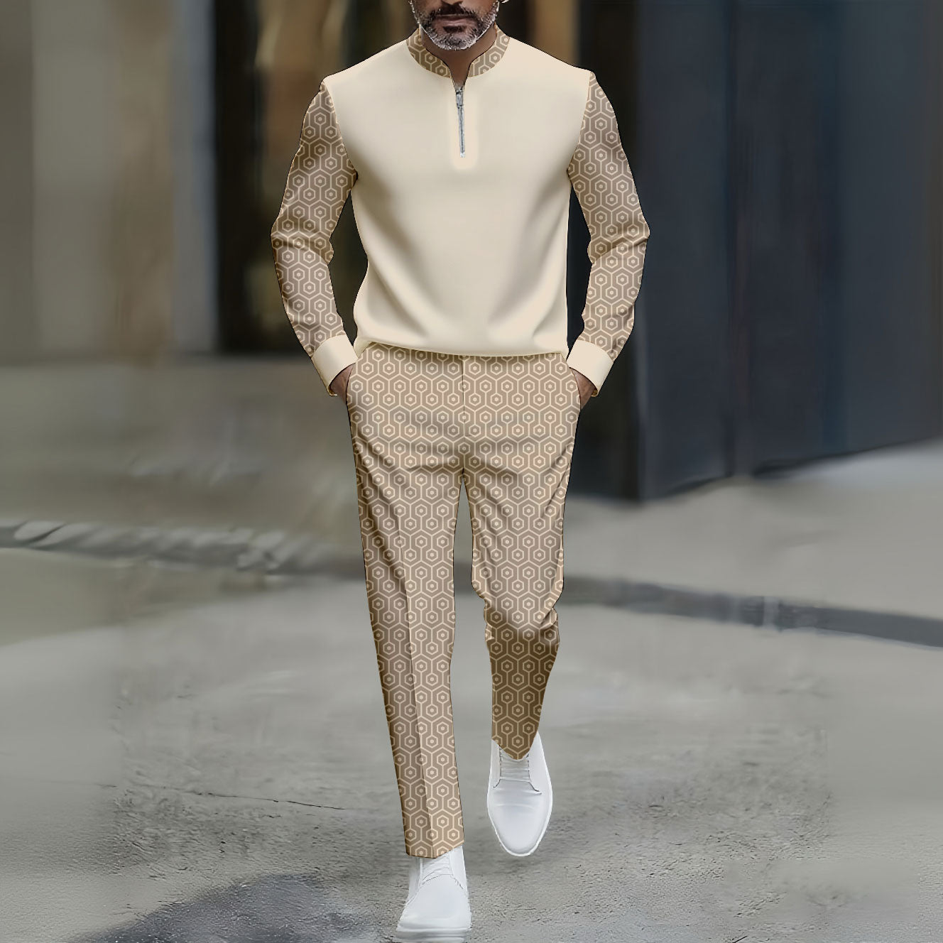 Men's Casual Color Matching Printed Round-Neck Zipper Long Sleeved Trousers Apricot Two-Piece Set