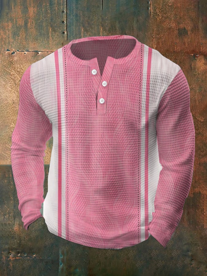 Men's Vintage Waffle Color Patch Henley Neck T-Shirt