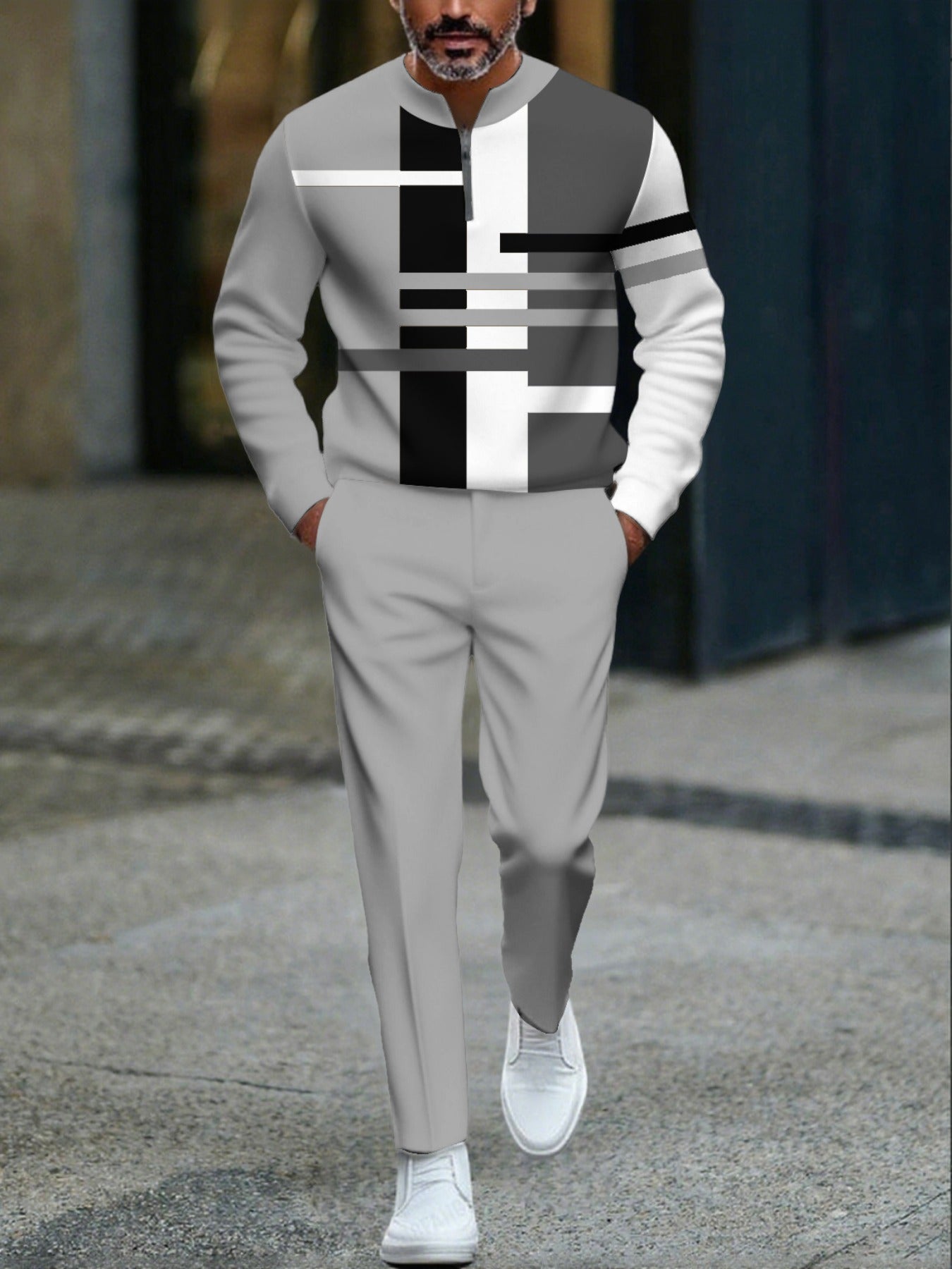 Men's Casual Gray & White Color Matching Geometric Printed Round-Neck Zipper Long Sleeved Tops & Trousers Two-Piece Set