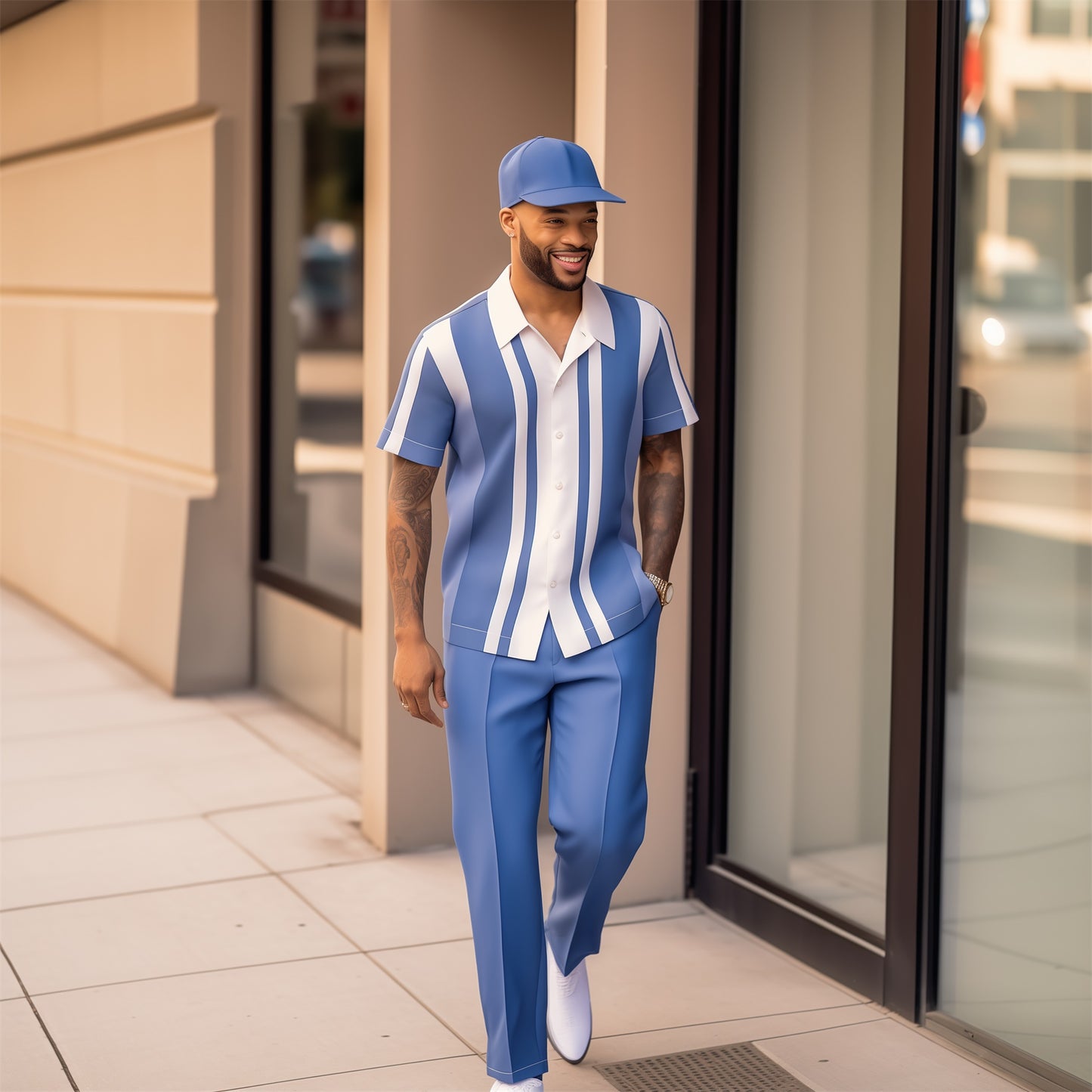 Men's retro colorblock short-sleeved shirt walking Suit 1604