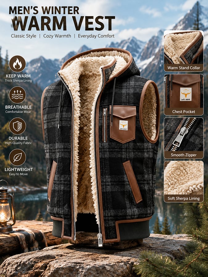 Men's Vintage Multi-Pocket Plaid-Panel Distressed Vest