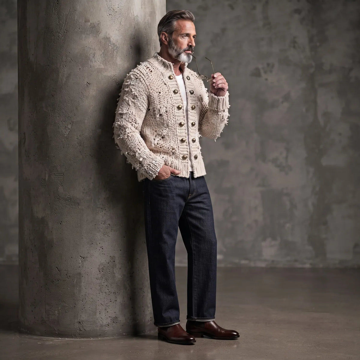 Men's Beige Stand Collar Brass Buttons Vintage Distressed Chunky Knit Cardigan