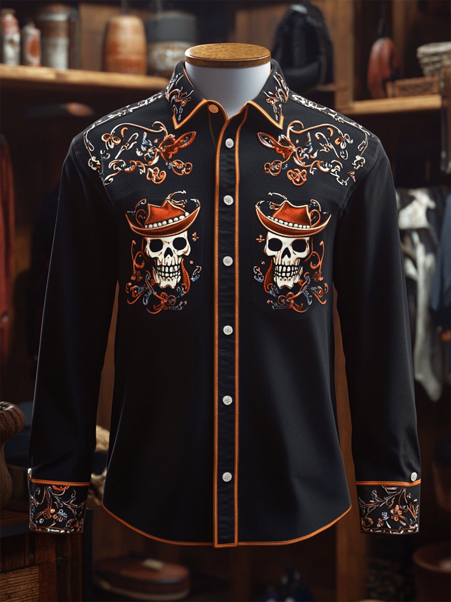 Men's Retro Casual Skull Print Long Sleeve Shirt