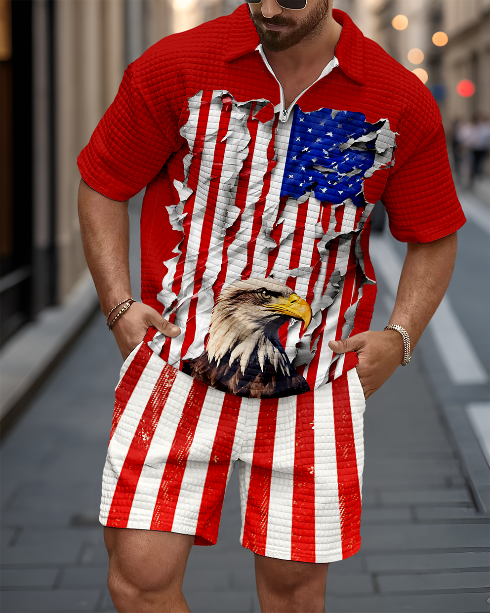 Men's Casual Independence Day Waffle Texture Summer Polo Shirt Set 066