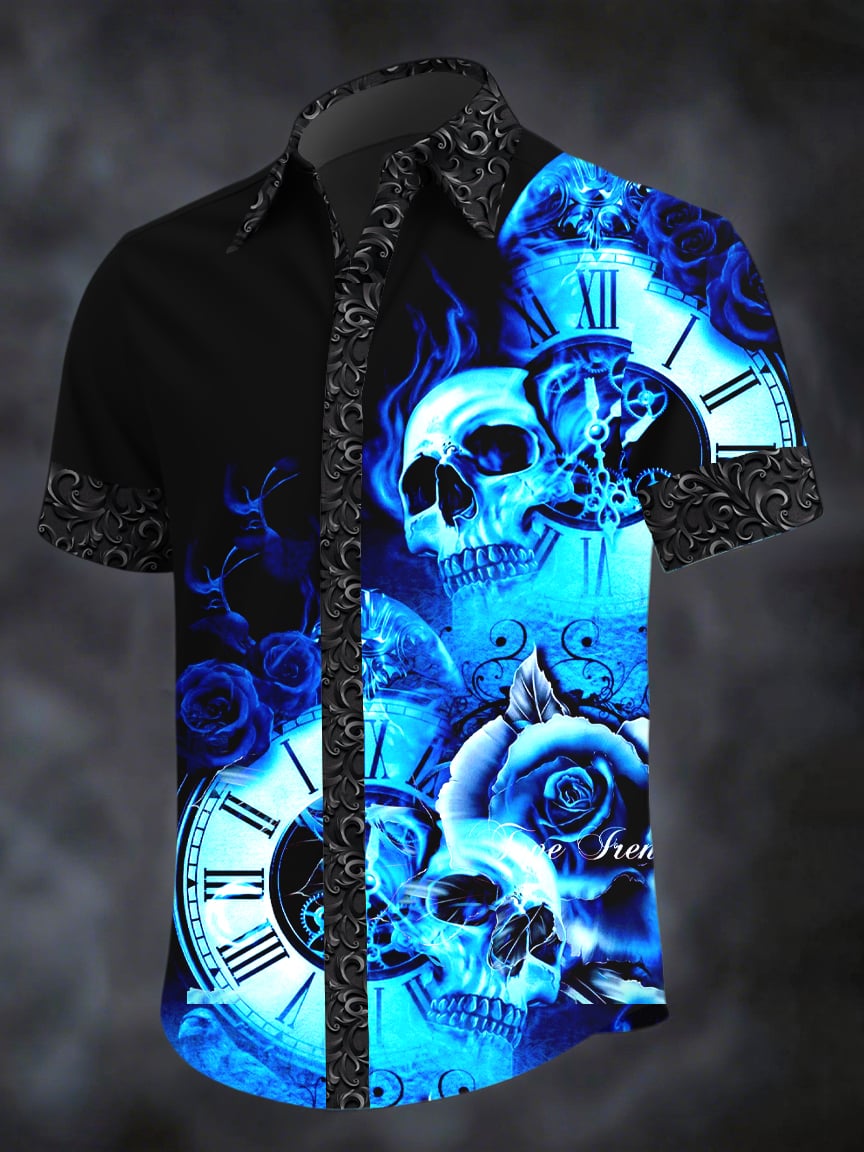 Men's Dark Skull Print Casual Short Sleeve Shirt