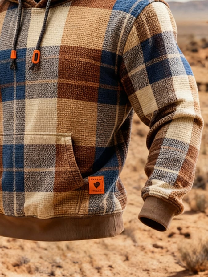 Men's Retro Plaid Contrast Color Hooded Sweatshirt