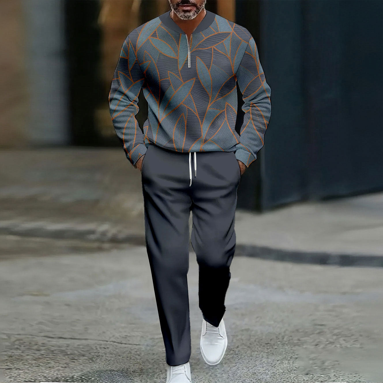 Men's Casual Color Matching Printed Round-Neck Zipper Long Sleeved Trousers Two-Piece Set