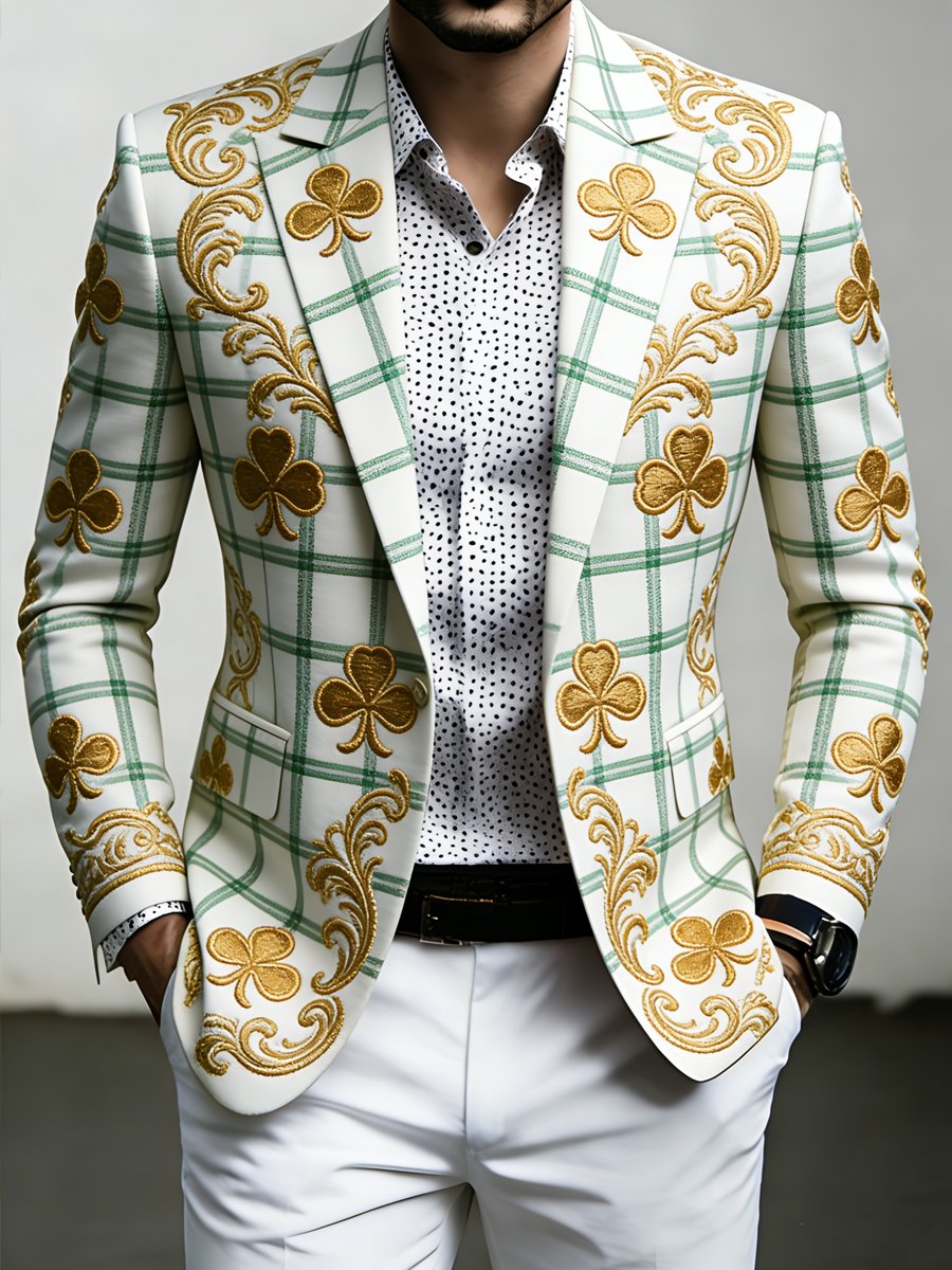 Men's Luxury St. Patrick's Day Shamrock Print Suit Jacket