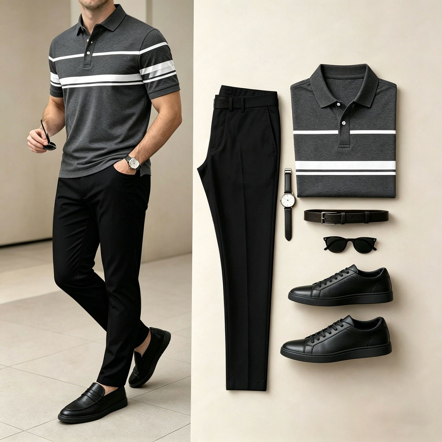 Men's Casual Dark Gray Printed Polo Shirt And Pants Two-Piece Set
