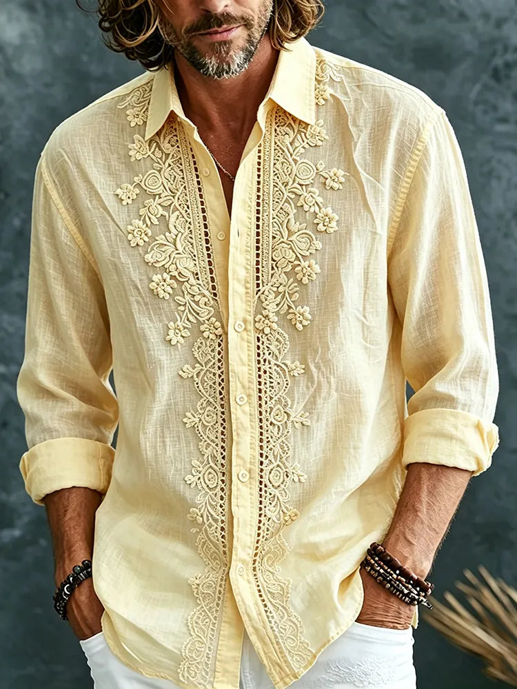 Men's Retro Vocation Yellow Floral Embroidered Art Print Flowy Linen Blend Long Sleeve Shirt