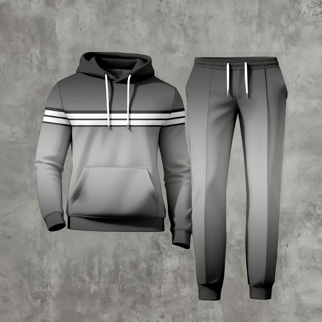 Men's Casual Gradient Gray Color Printed Long-Sleeve Hoodies Sweatshirt & Trousers Two-Piece Set