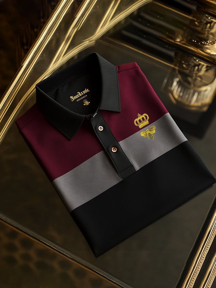 Men's Classic Business Check Logo Button Short Sleeve Polo Shirt