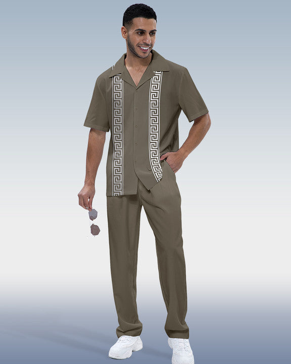 Rianmond Men's Gray Vintage Print Short Sleeve Shirt Walking Set 598