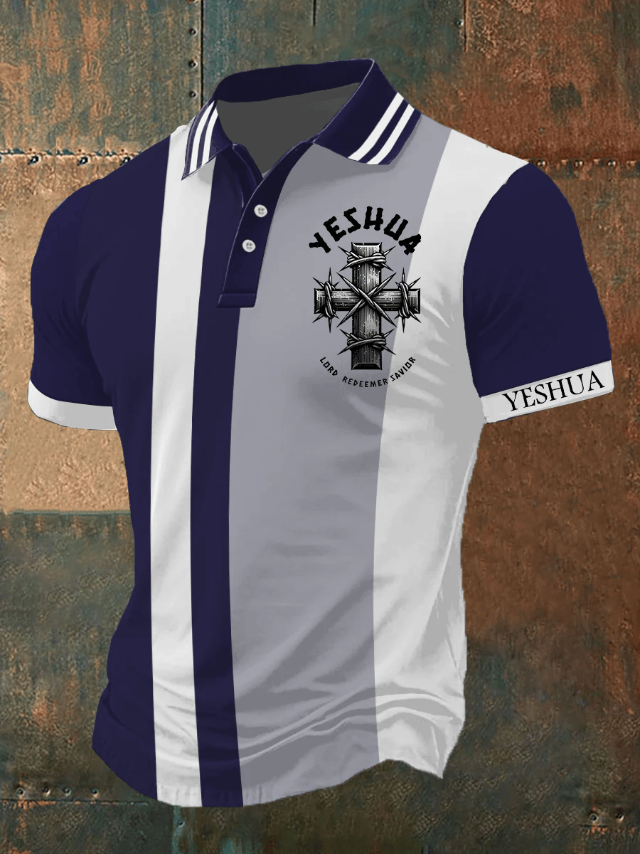 Men's Faith Cross Jesus Print Button Head POLO Shirt
