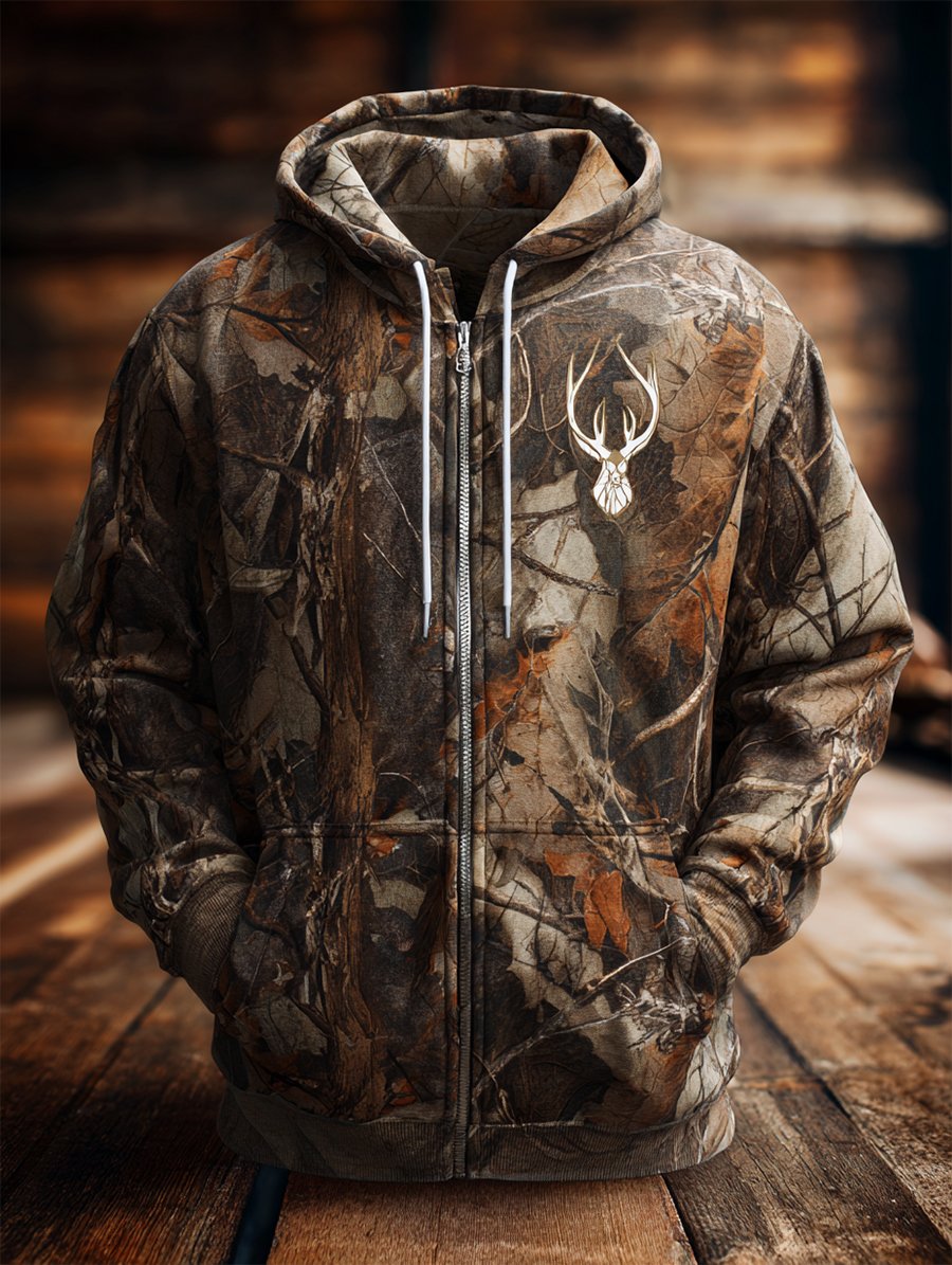Men's Retro Leaf Camouflage Hunting Full-Zip Cardigan Hoodie