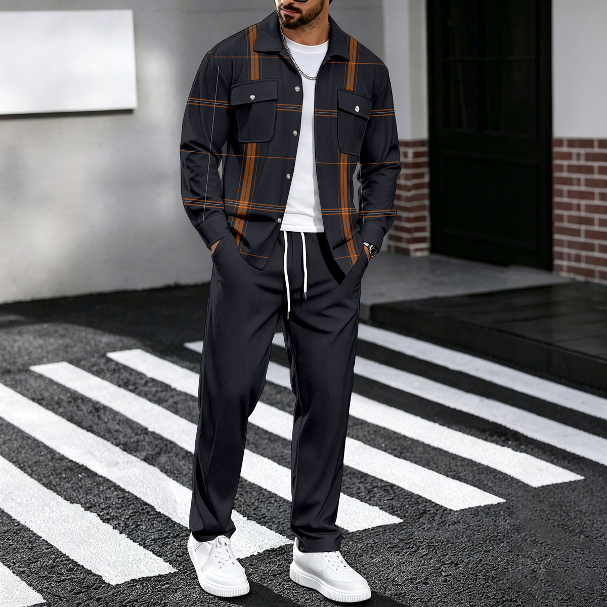 Men's Two-Piece Set: Patchwork-Print Shirt and Pants