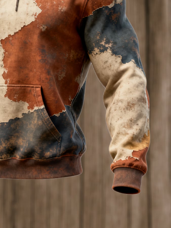 Men's Retro Distressed Color Block Print Casual Long Sleeve Sweatshirt