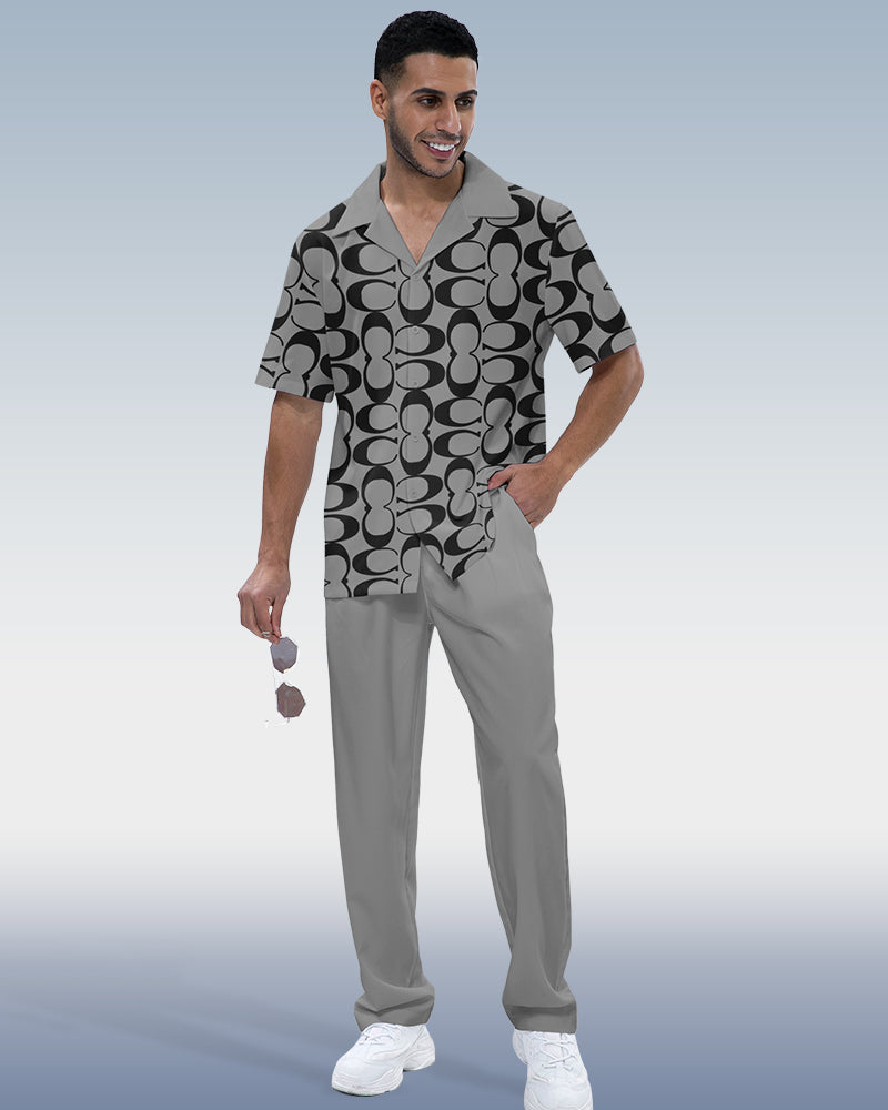 Men's Vintage Print Short Sleeve Shirt Walking Set 674