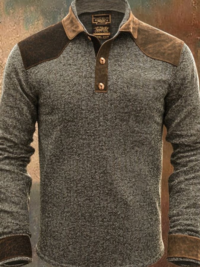 Men's Retro Casual Contrast Color Long Sleeve Polo Shirt