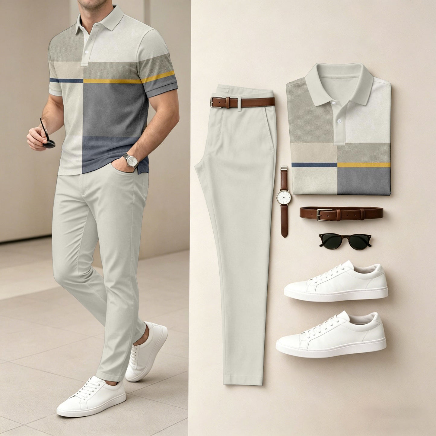 Men's Casual Gray Geometry Printed Polo Shirt And Pants Two-Piece Set