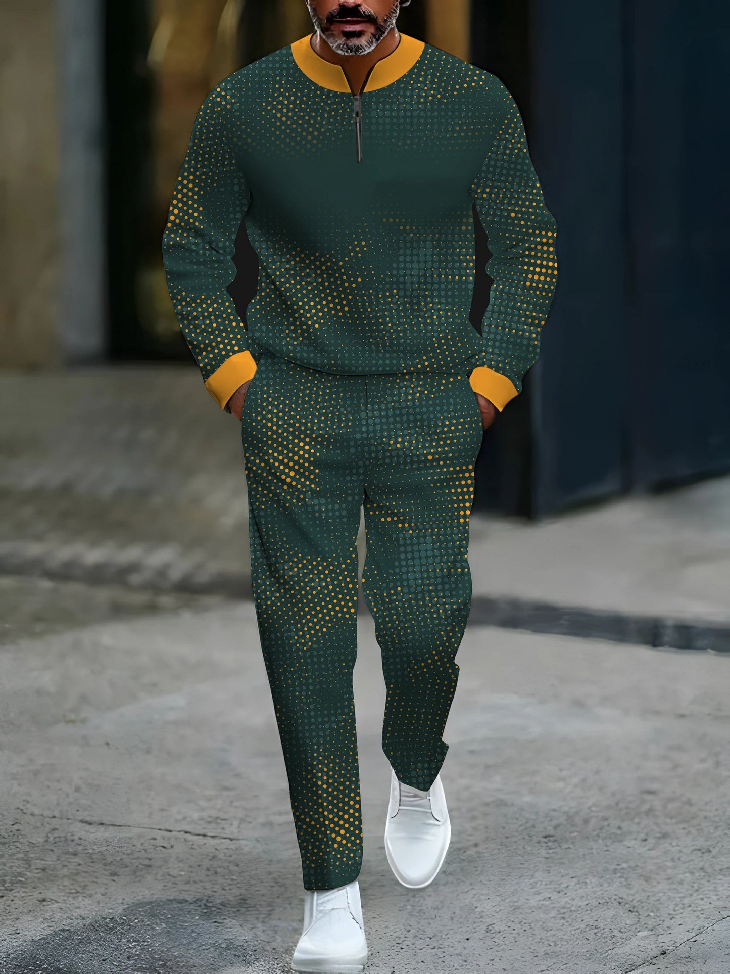 Men's Casual Green & Yellow Color Matching Gradient Polka Dots Printed Round-Neck Zipper Long Sleeved Tops & Trousers Two-Piece Set